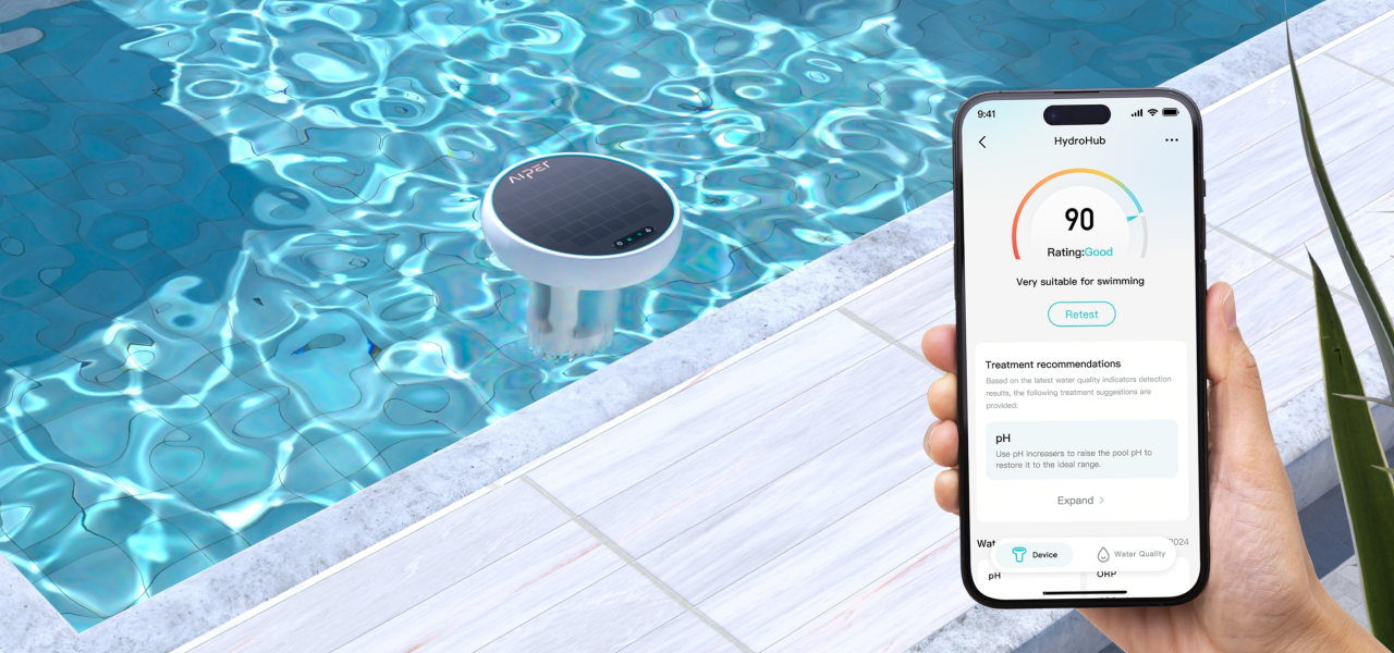 Aiper HydroComm smart water monitor with mobile app showing real-time pool pH and balance for winter maintenance.