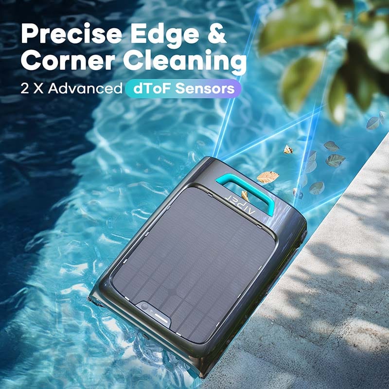 Aiper Surfer S2 robotic pool skimmer with dToF sensors for precise edge and corner cleaning, shown in a pool.
