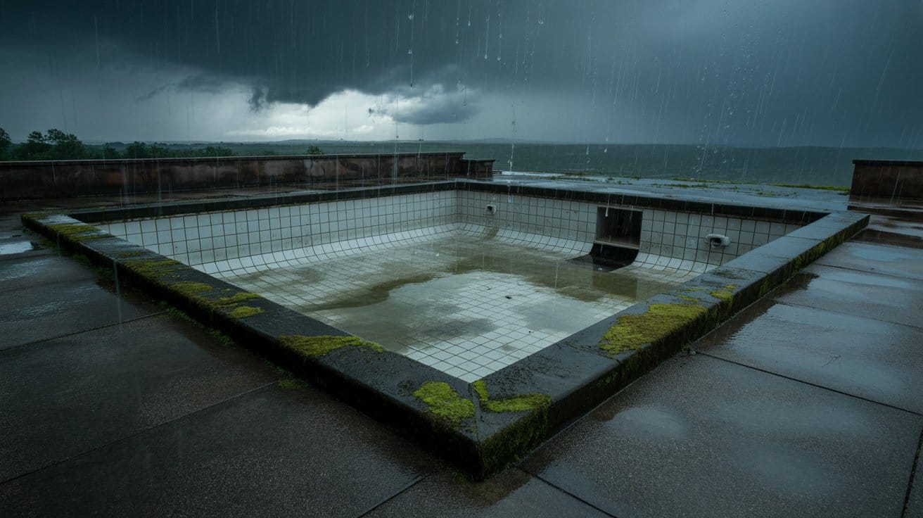 An empty inground pool with cracked bottom, slightly raised from the ground as if floating, wet surroundings, stormy weather in the background