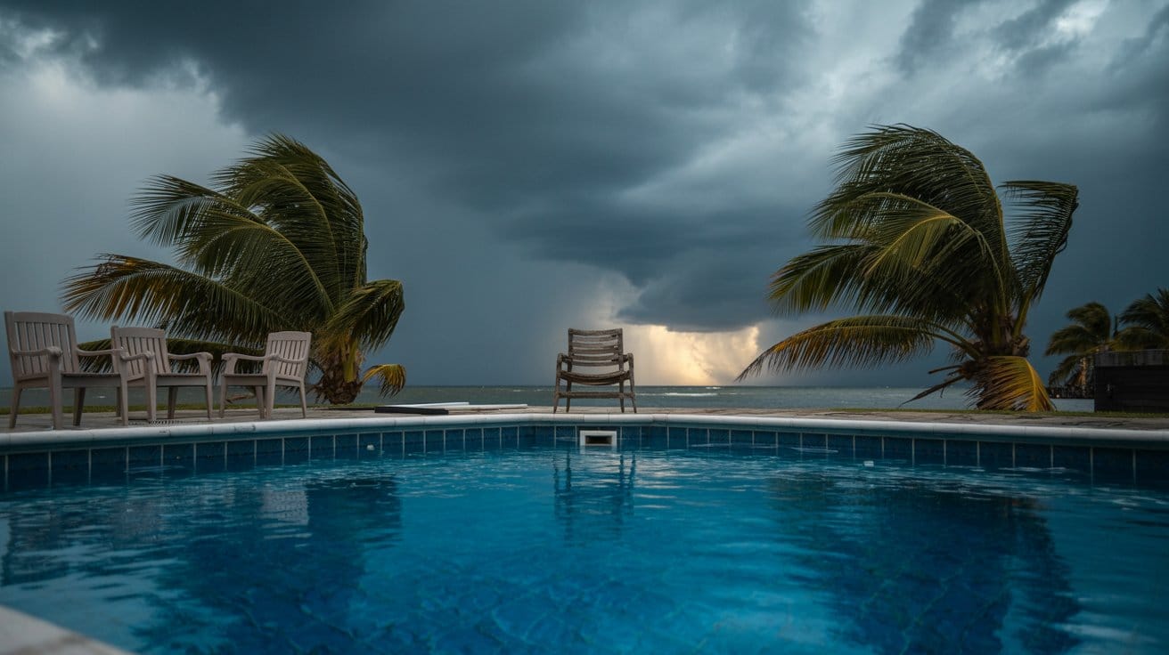 a full swimming pool with a stormy, dark sky overhead.