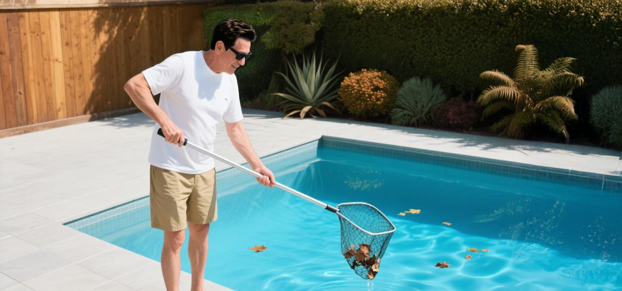 Pool owner using leaf net to remove debris as part of simple DIY pool maintenance tasks in fall.
