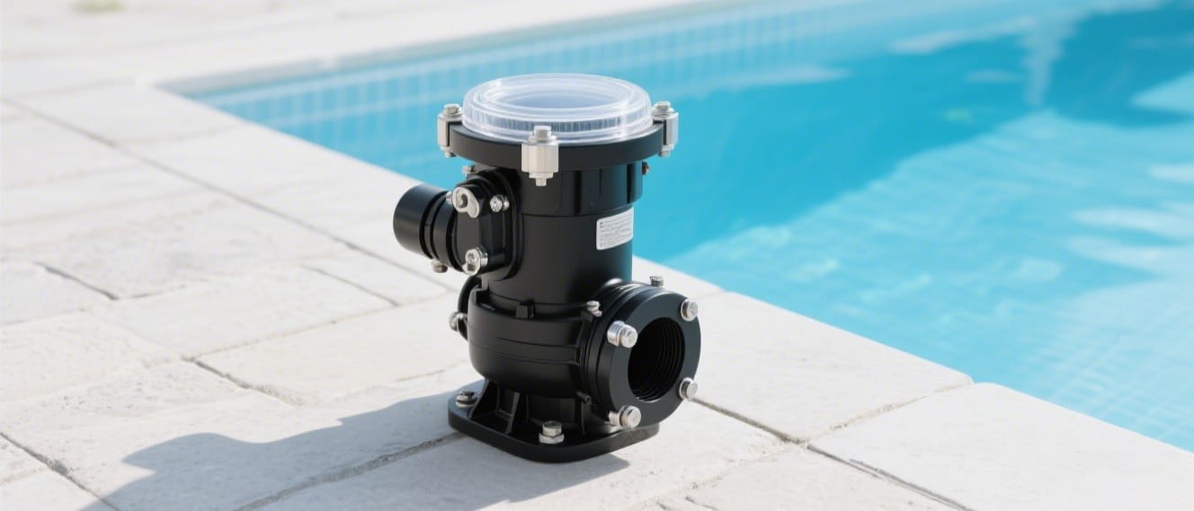 Pool pump filter placed by swimming pool, showing equipment inspection and maintenance for seasonal pool protection.