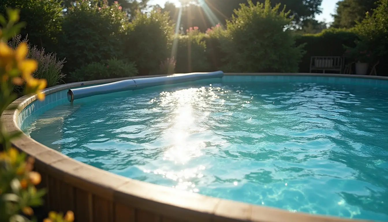 A close-up of a circular, above-ground magnesium pool with sunlight reflecting off its sparkling surface.
