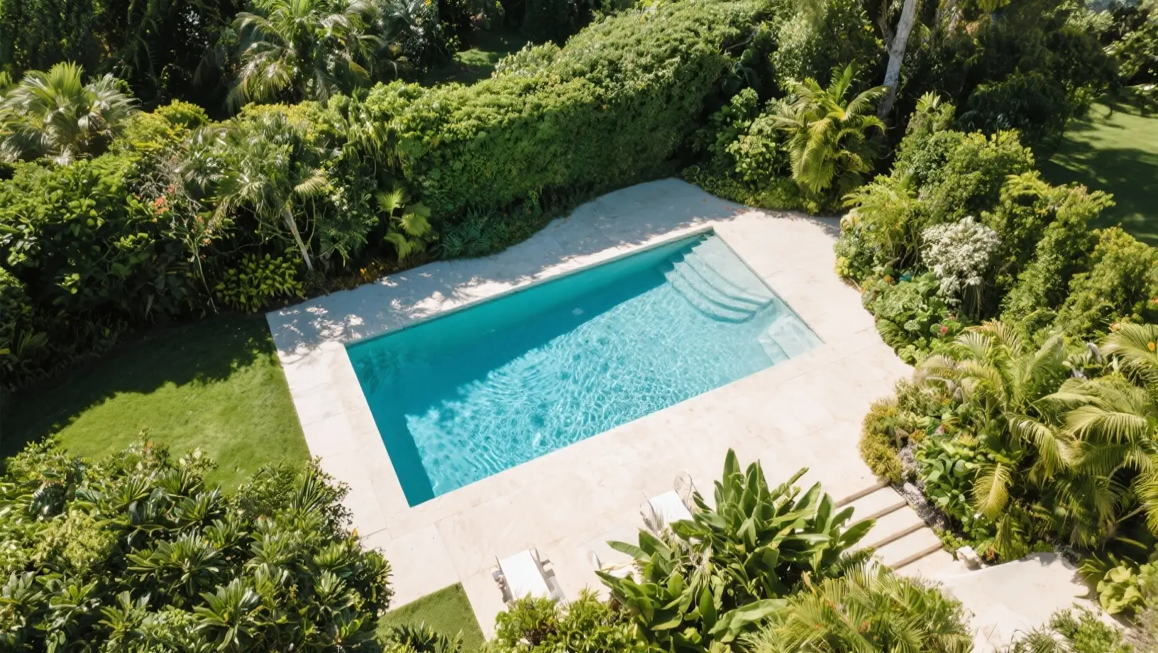 A close-up of a circular, above-ground magnesium pool with sunlight reflecting off its sparkling surface.