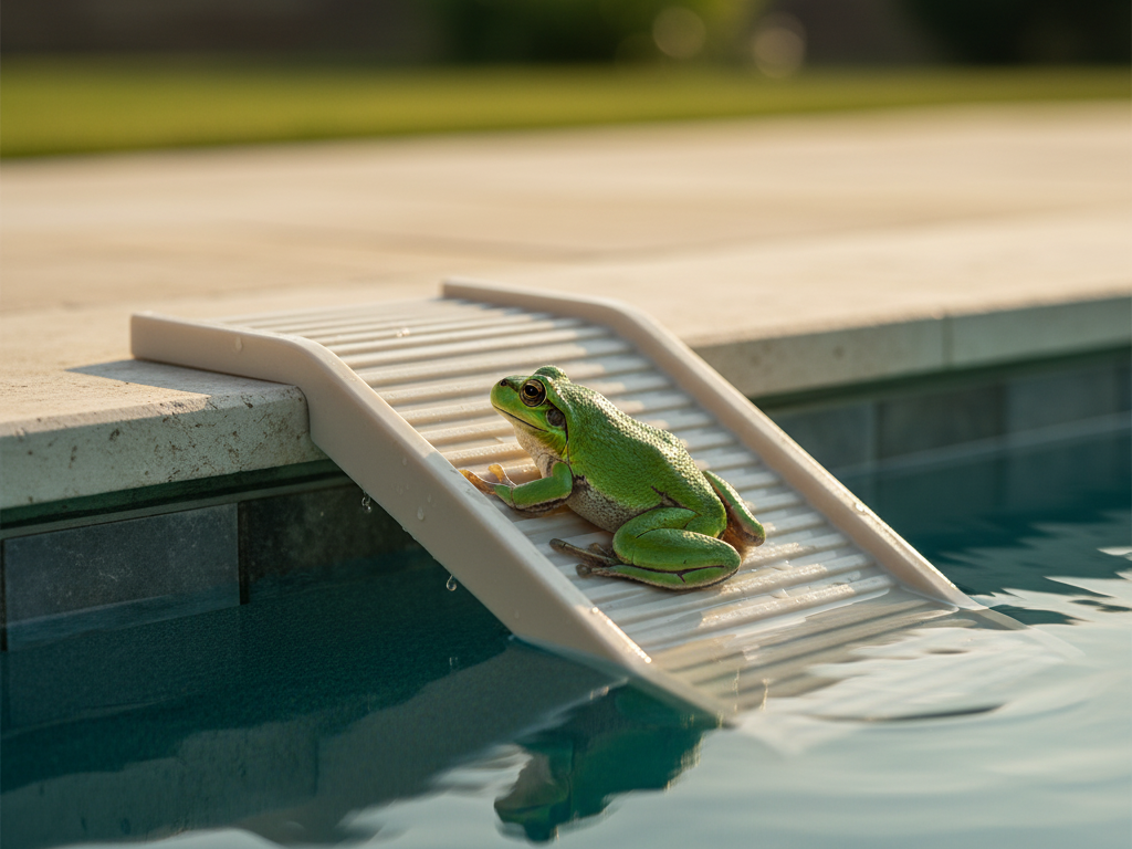 Green frog using pool escape ramp, safe exit from chlorinated water, pool safety guide.