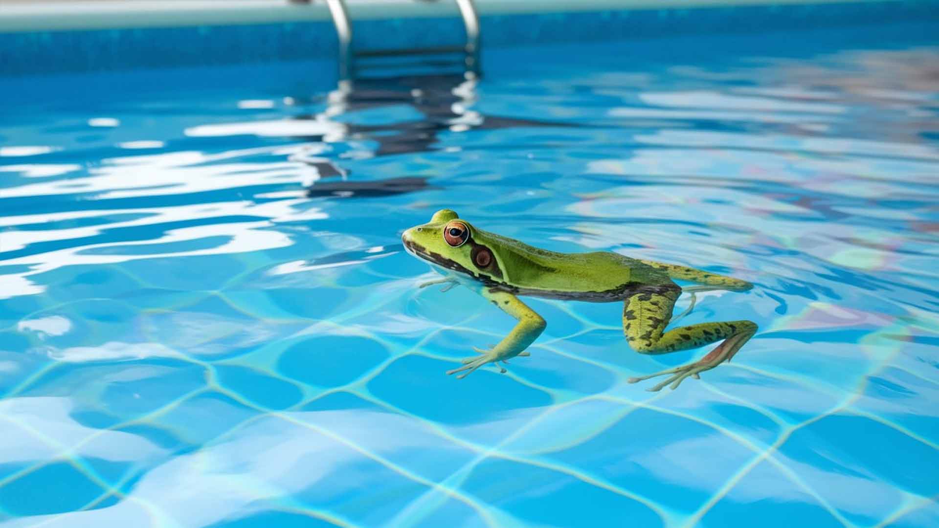 A green frog swims in a blue-tiled pool, a common problem for homeowners seeking to keep frogs out of their pool.