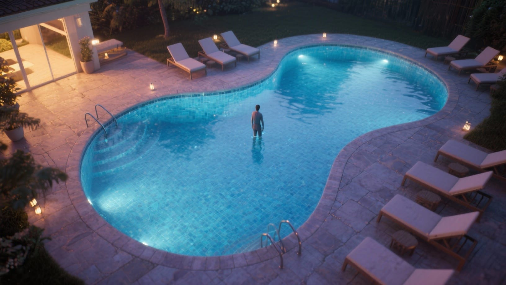 A beautiful, kidney-shaped swimming pool at dusk with a person standing in the water.