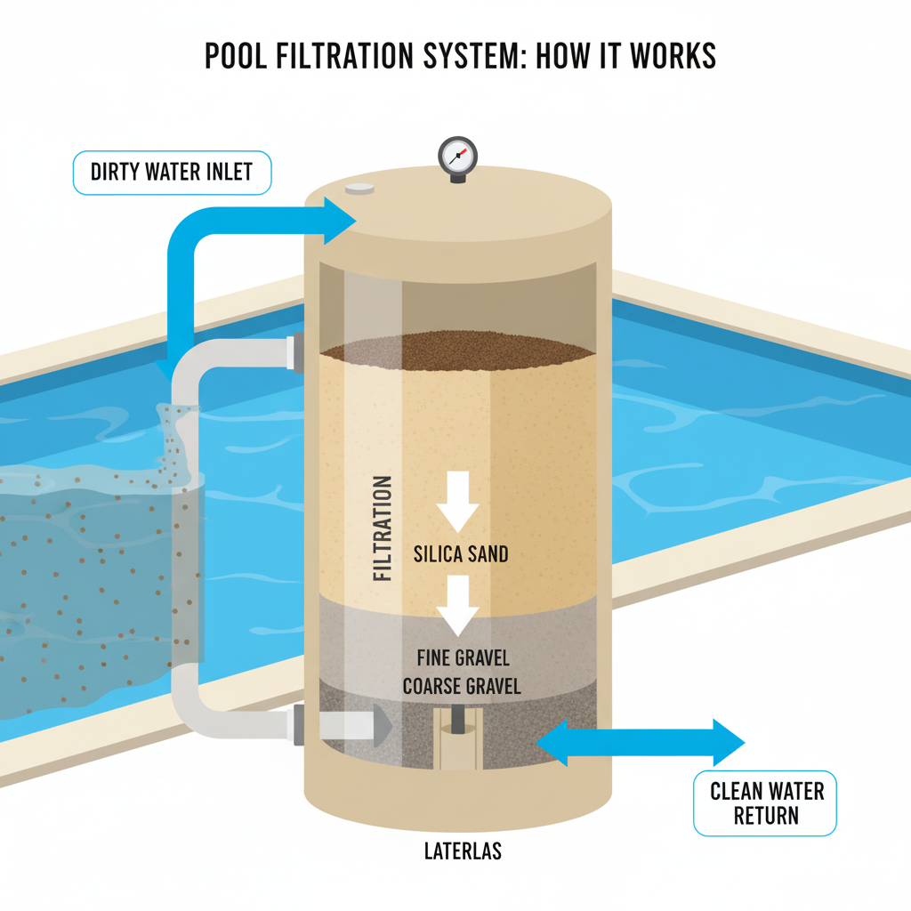 The pool water is sucked into the filtration system from the inlet and becomes clean after layers of filtration.