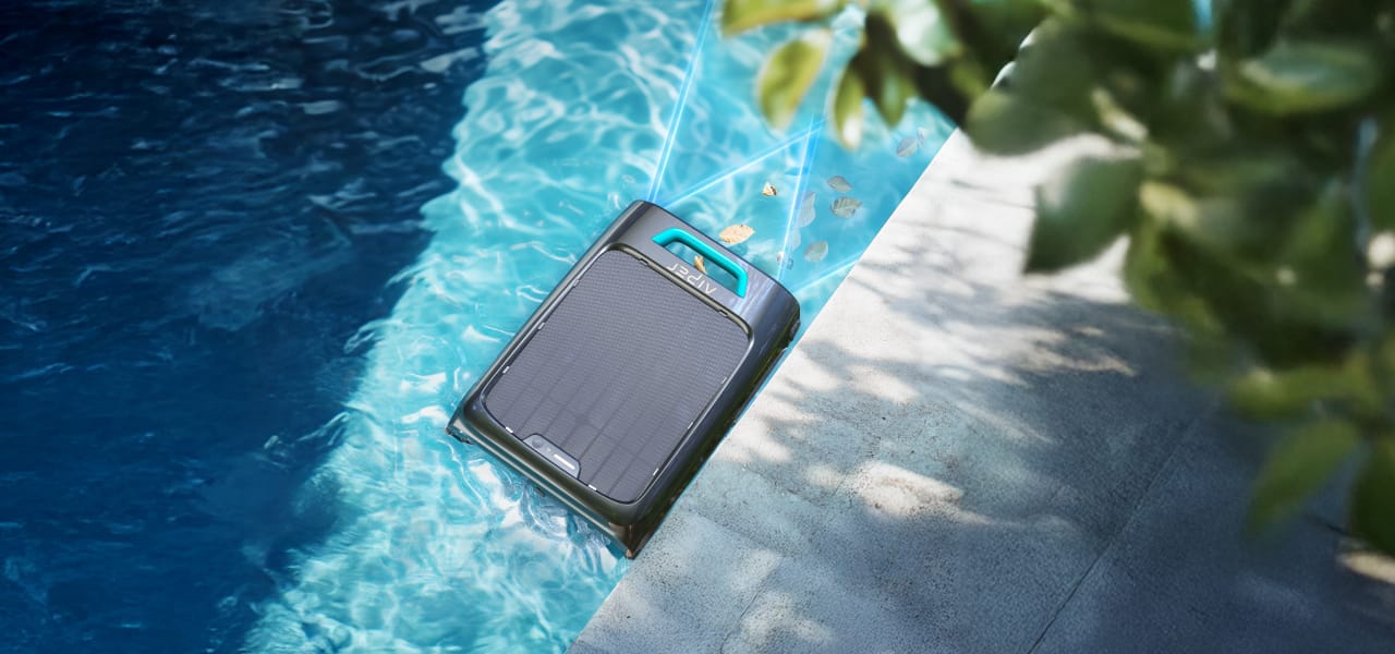 Automatic pool skimmer removing debris, maintaining frog-free pool water.