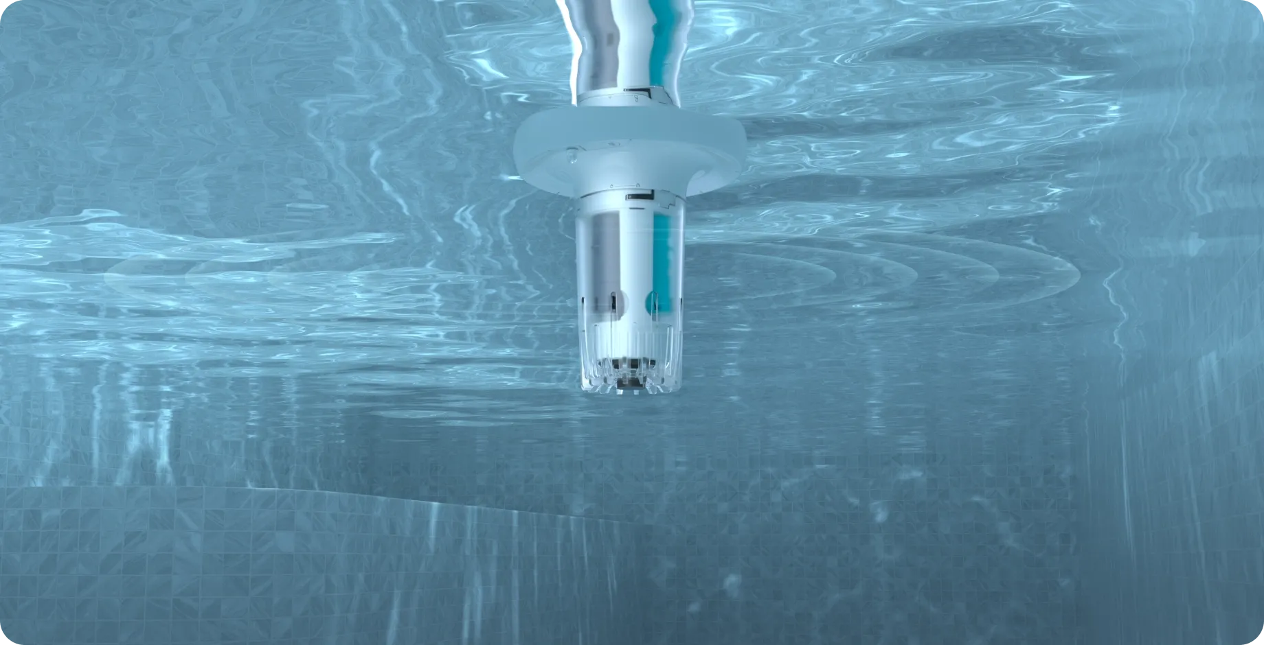 A digital water monitor being held just above the water surface, clearly displaying a precise PPM number.