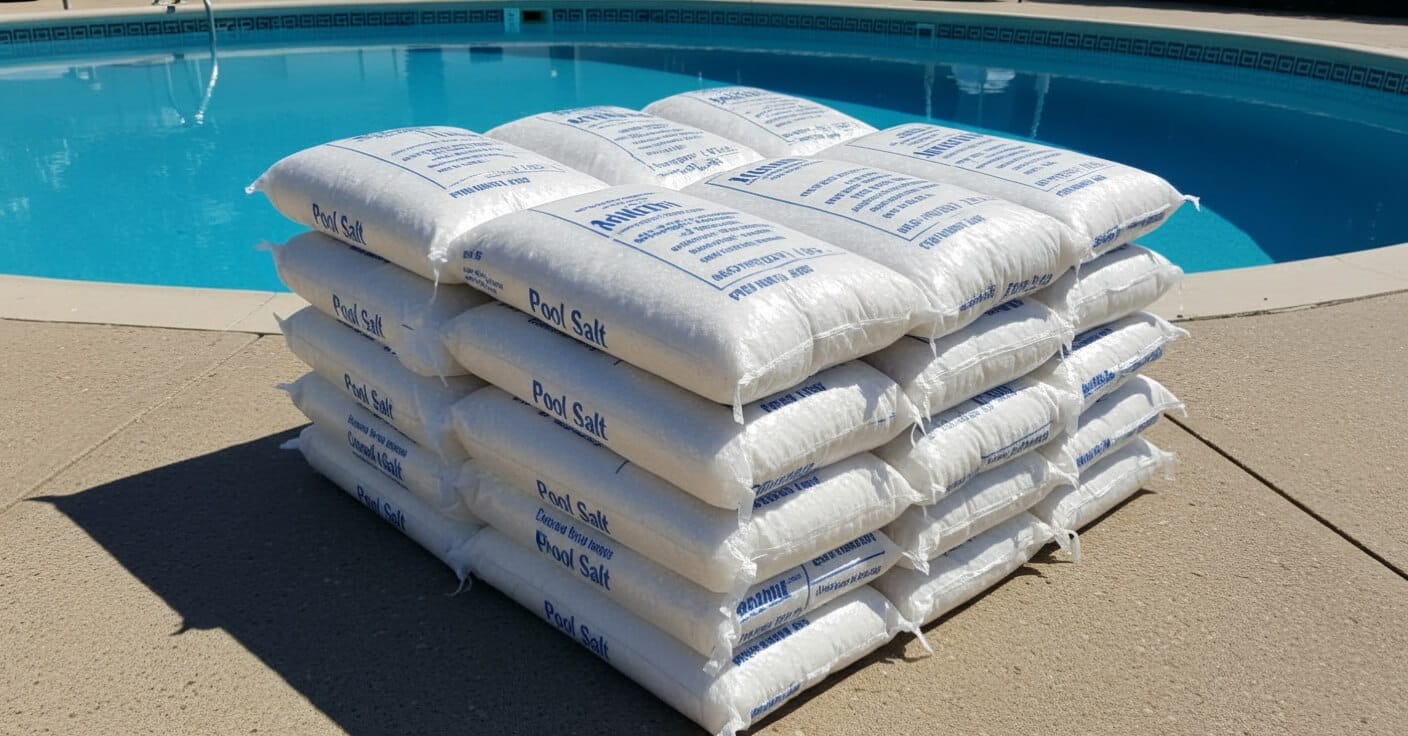 Stacked bags of pool salt ready for addition, calculated for a proper saltwater startup.