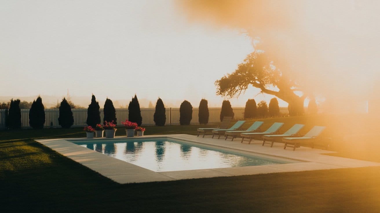 A beautiful backyard pool at sunset, inviting swimmers to enjoy safe water with balanced Total and Free Chlorine.
