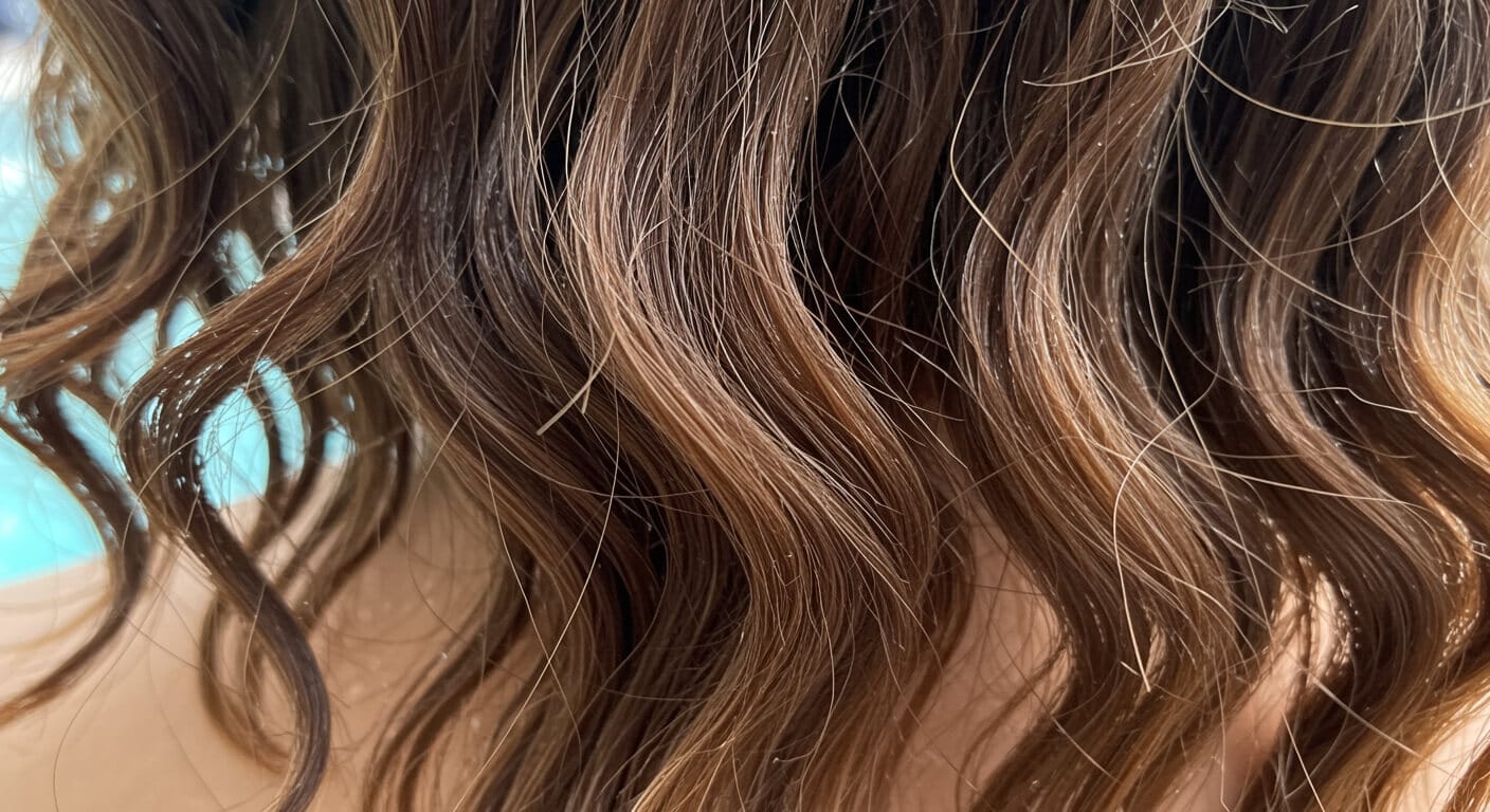A close-up shot of wavy brown hair showing the dry, brittle, and rough texture caused by long-term chlorine in hair damage.