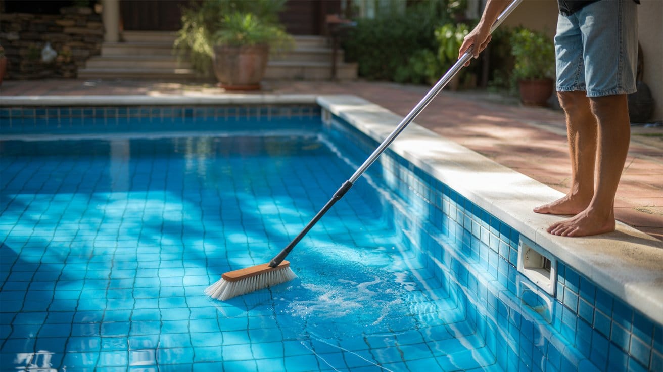 Brushing the pool floor to help dissolve salt crystals and ensure even circulation.