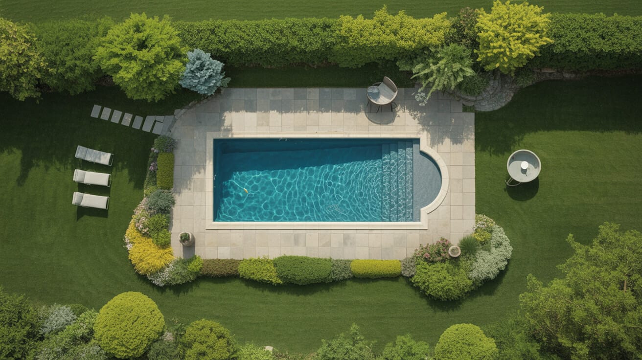 Aerial view of a clean, well-maintained backyard pool and surrounding lawn, emphasizing proper maintenance.