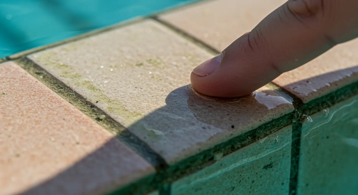 Macro close-up of a fingertip testing the wet surface of a pool tile edge, feeling the characteristic slippery, sticky residue of pool biofilm.