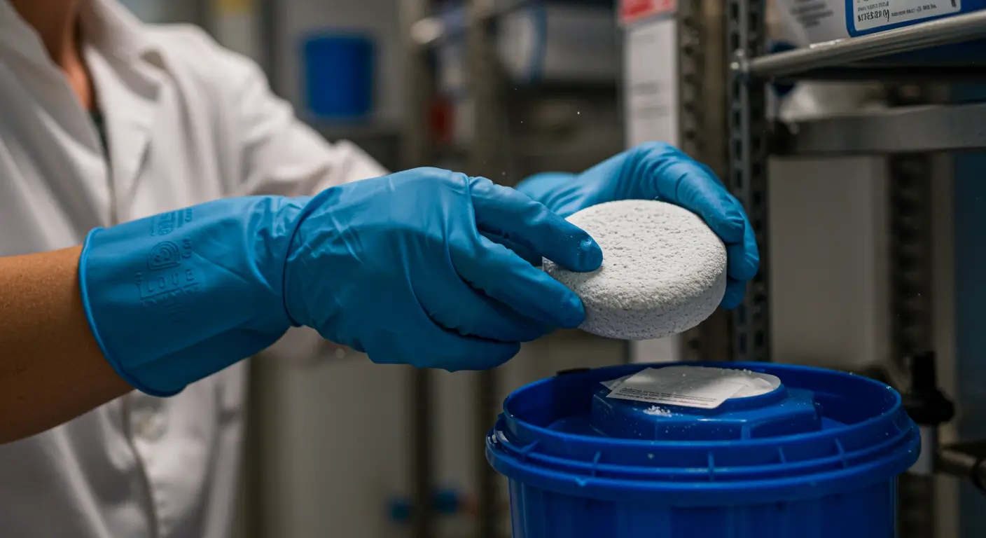 A close-up of a person wearing blue chemical-resistant gloves, carefully loading a large chlorine puck, demonstrating crucial pool chlorine tablet safety protocols.