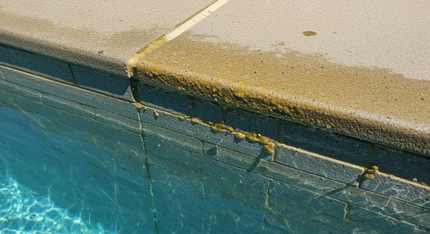 High-contrast image illustrating a severe, yellowish-brown scum line and sludge buildup along the pool coping, which is a clear sign of persistent pool biofilm.