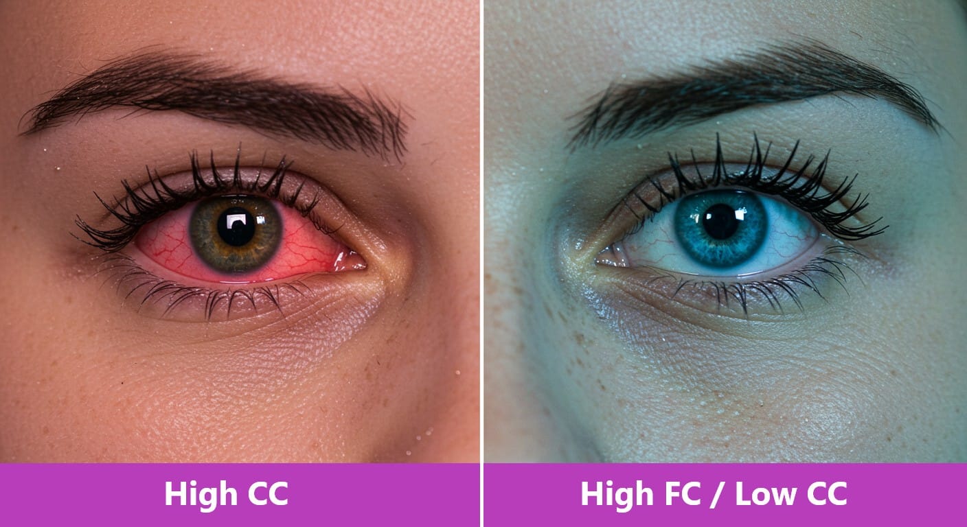 Split image showing the contrast between a red, irritated eye (High Chloramines) and a clear eye, illustrating the problem of high Combined Chlorine.