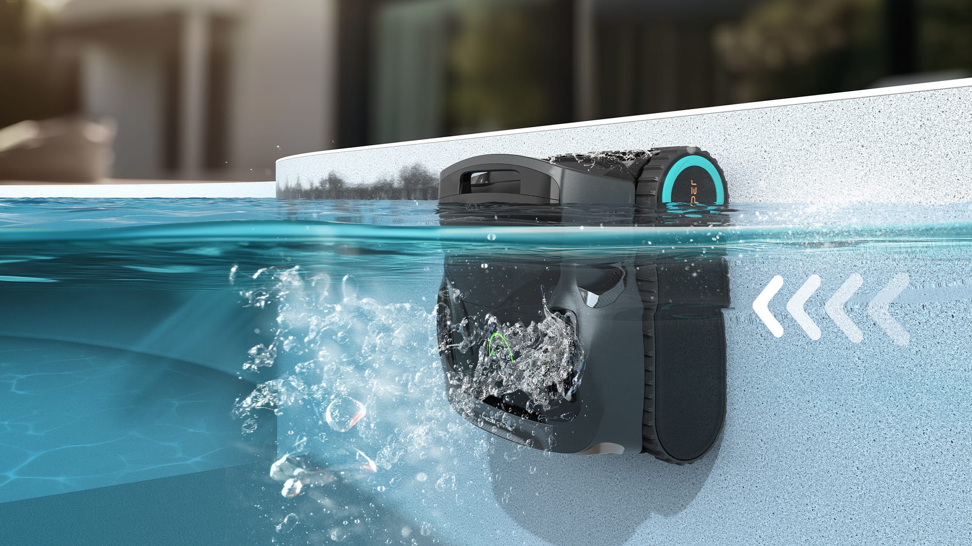 A robotic cleaner scrubbing the pool waterline, helping to reduce debris that forms irritating chloramines.