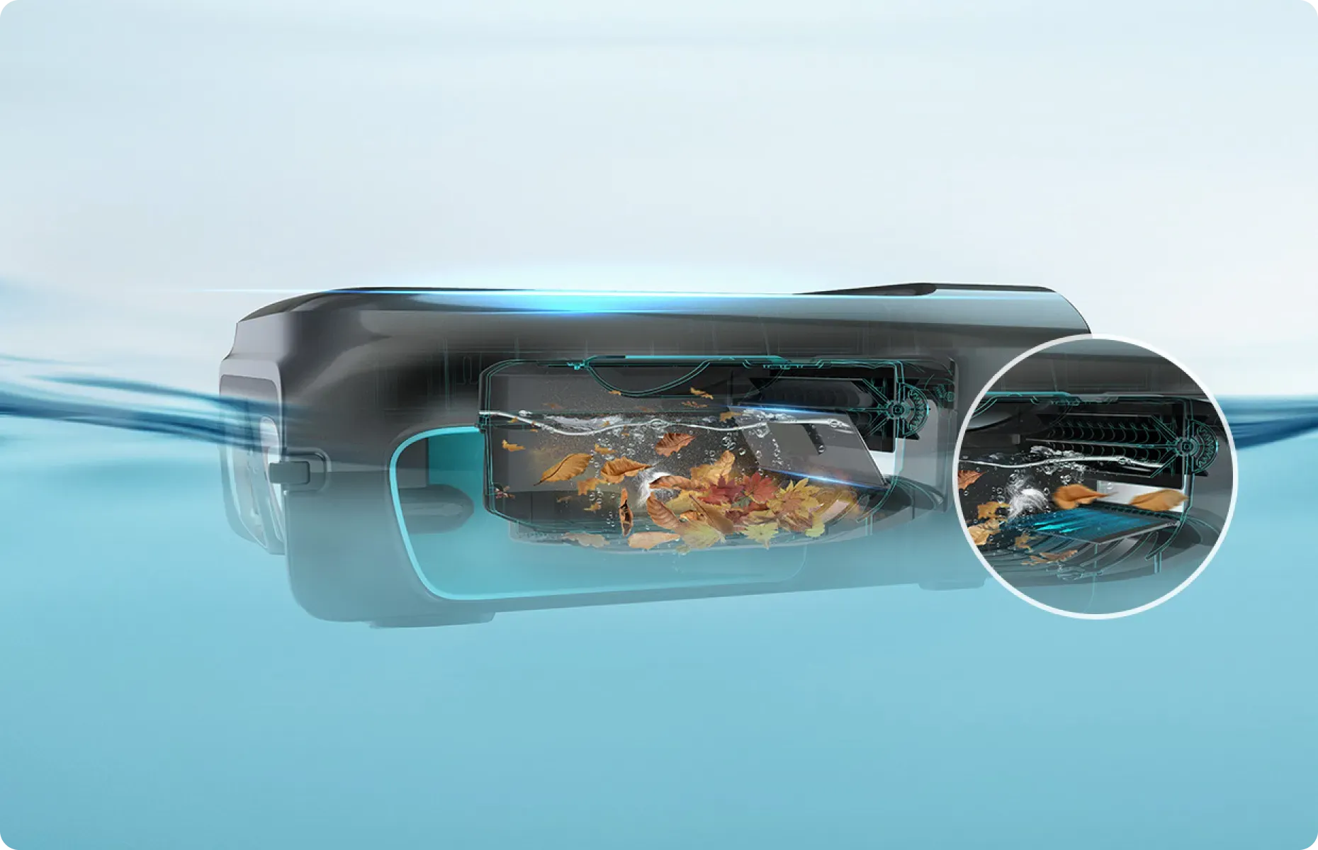 A cross-section view showing a pool skimmer's internal chamber collecting leaves and large debris from the water.