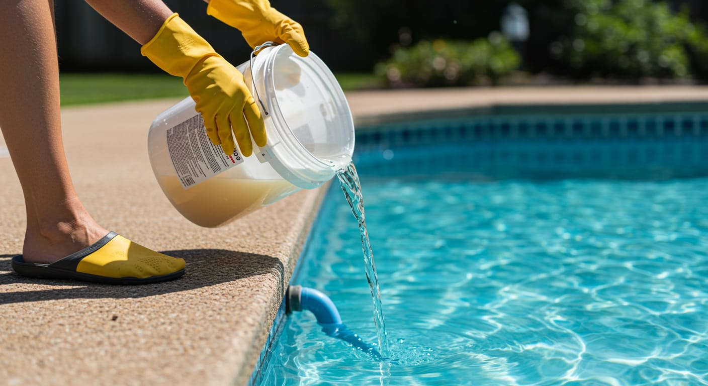 a person wearing gloves and safely pouring a dissolved borax solution from a bucket into the pool