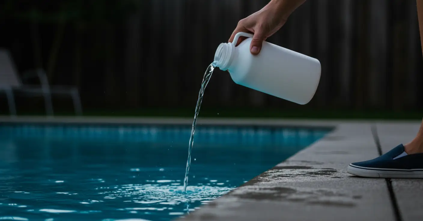 A person slowly pouring liquid pool chlorine (sodium hypochlorite) into a swimming pool during the evening.