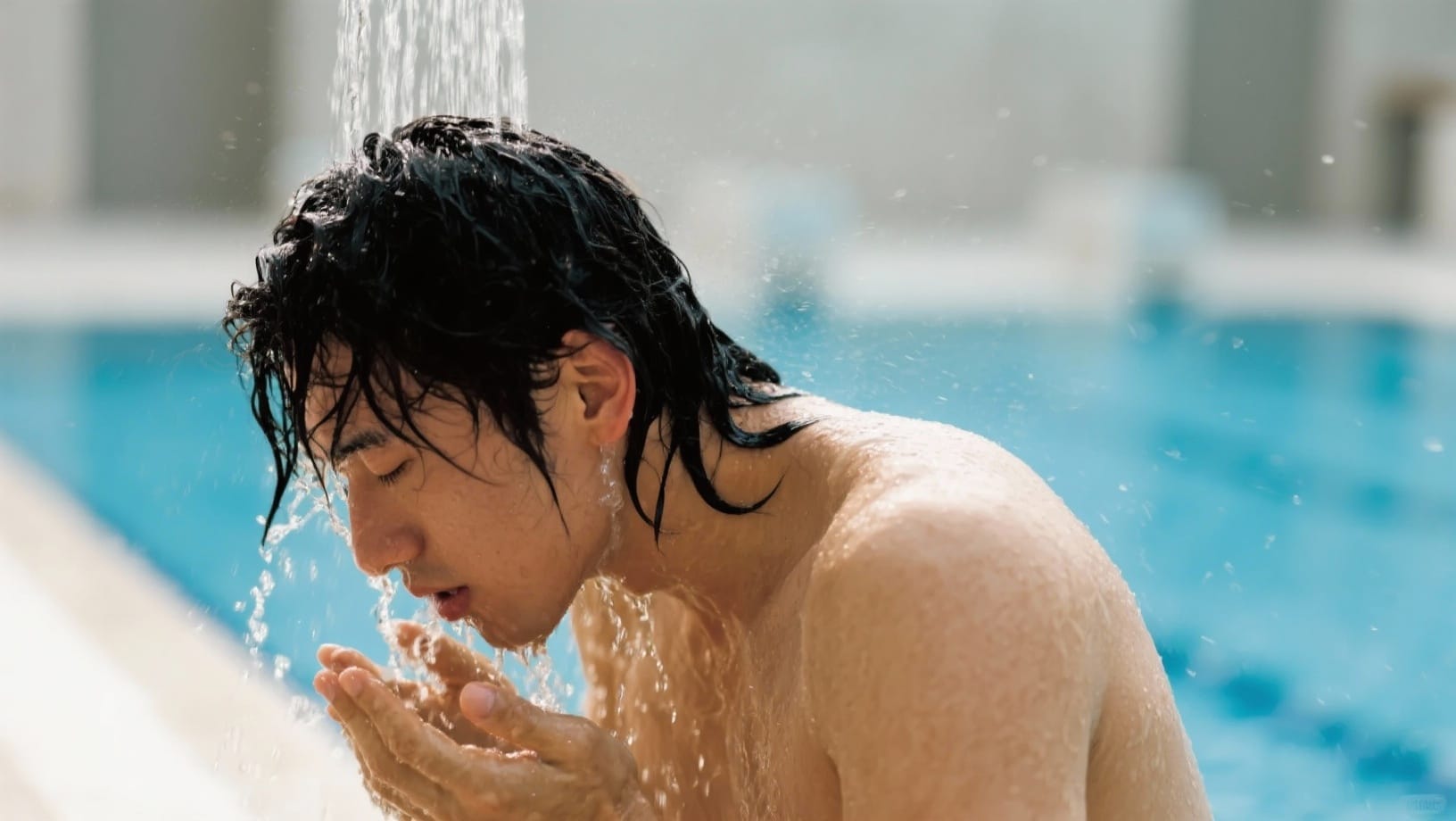 A male swimmer taking a quick pre-swim shower to soak his hair with clean water, creating a barrier to prevent chloramine residue removal issues.