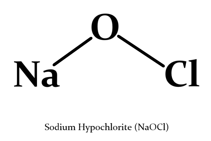 Chemical structure diagram showing the bond between Sodium (Na), Oxygen (O), and Chlorine (Cl) to form Sodium Hypochlorite (NaOCl).