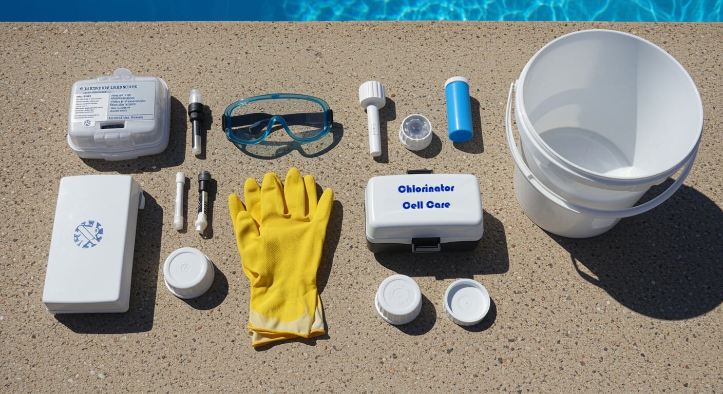 all the necessary tools and safety gear on a clean surface next to a pool.
