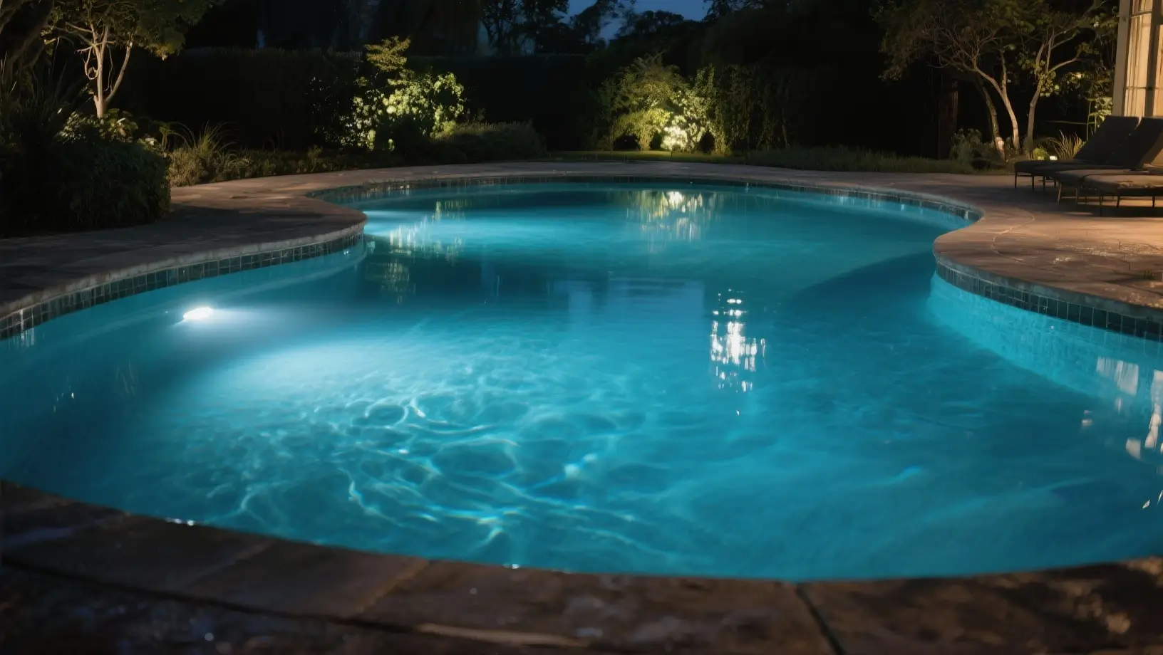 Curved pool with light glowing at night.