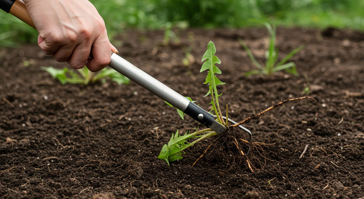 A hand using a weeding tool to extract a dandelion, showing its full taproot from moist soil.