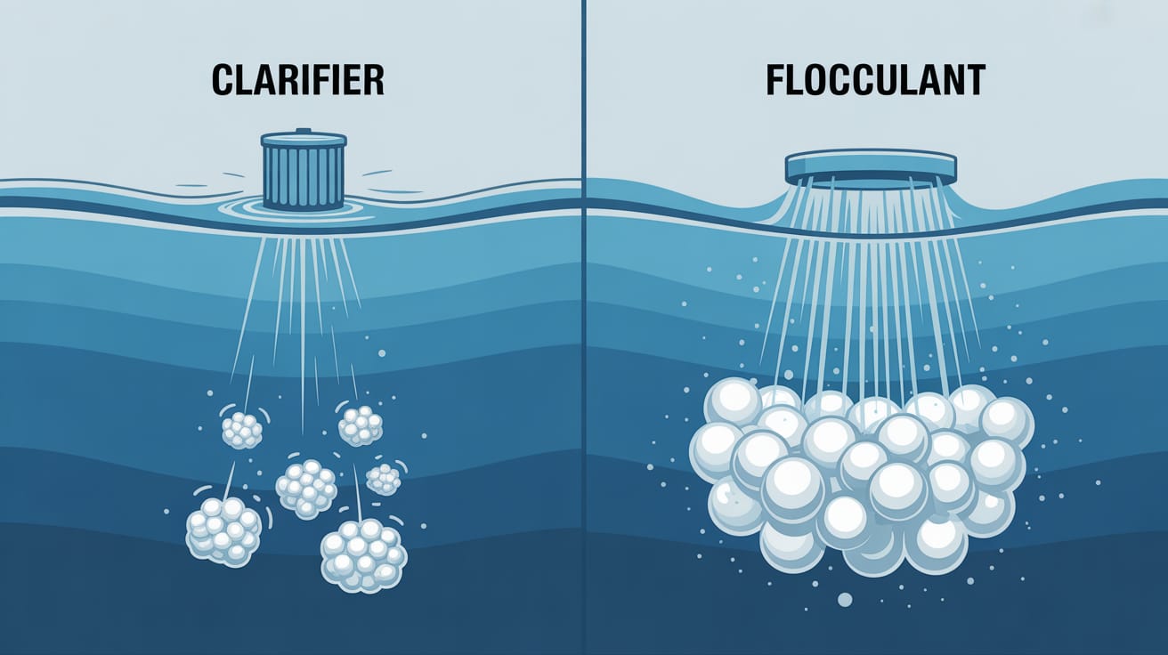 Diagram showing clarifier creates small clumps and flocculant creates large clumps that sink.