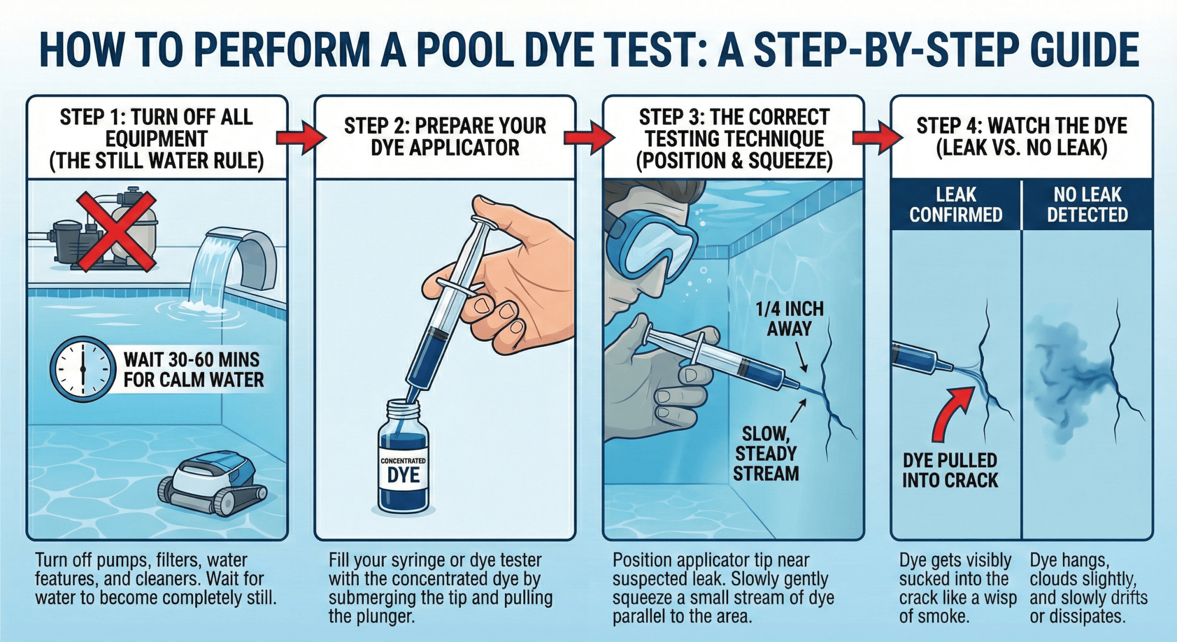 A four-step infographic illustrating the correct process for performing a pool dye test to detect leaks.