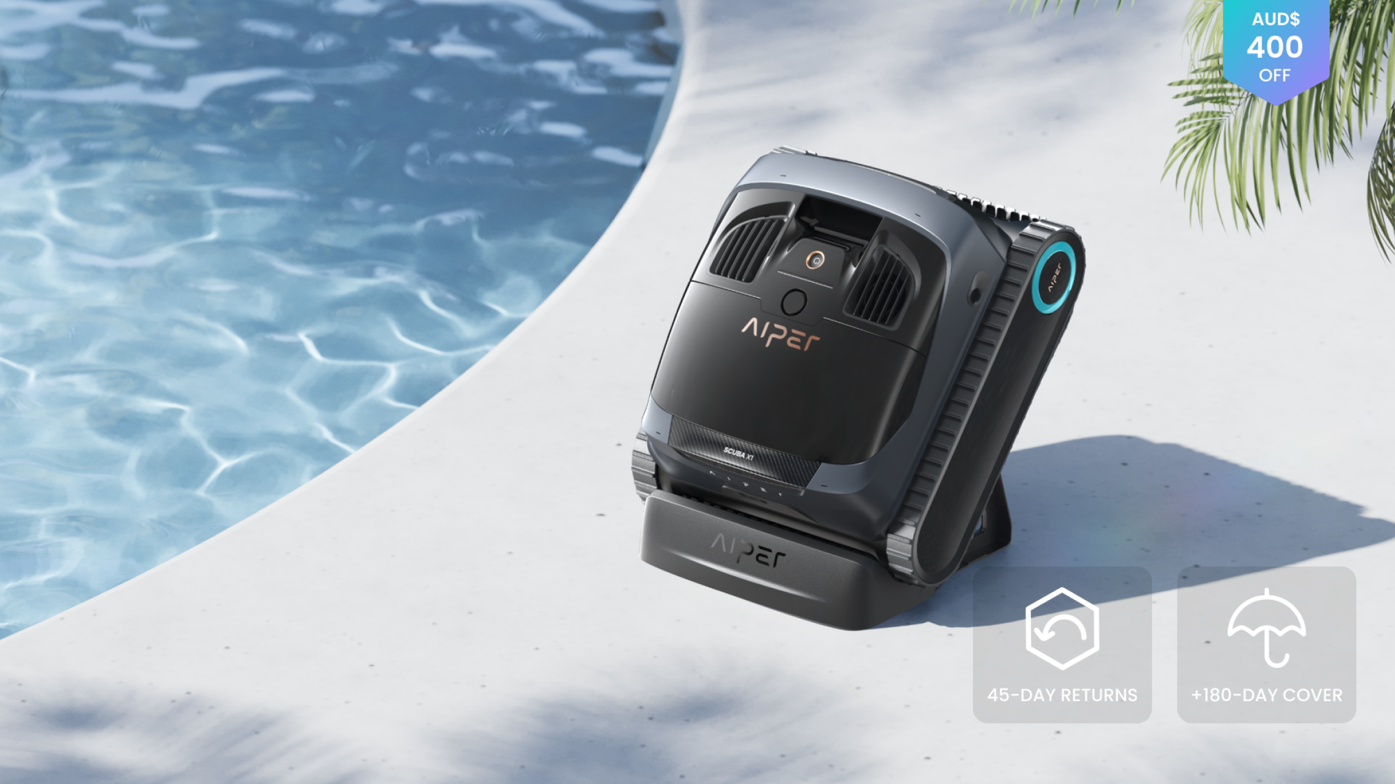 a robotic pool cleaner stand-by the pool