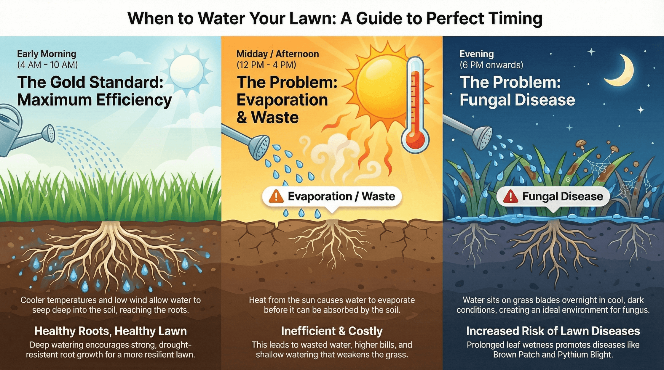 Infographic comparing lawn watering times: early morning for efficiency, midday risk of evaporation, and evening risk of fungal disease.