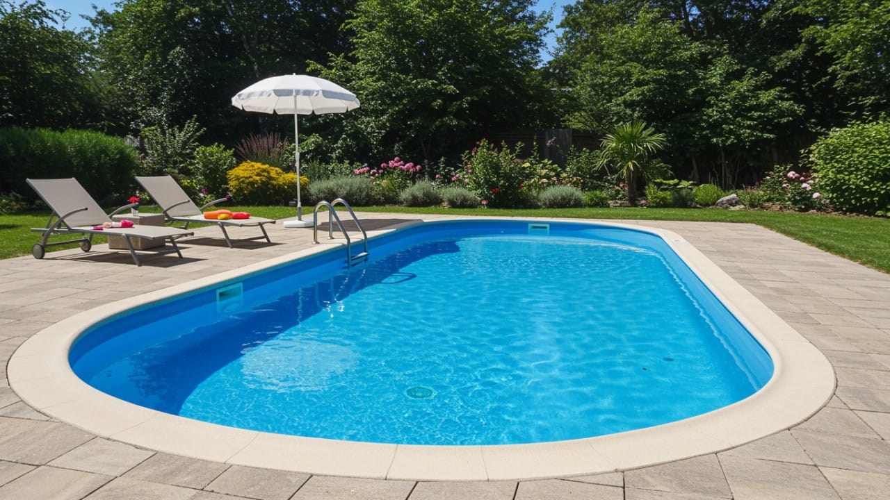 Pristine blue fiberglass pool in a backyard setting, representing a clean, stain-free result.