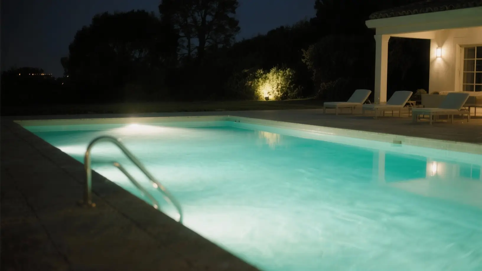 Luxury pool with light and attached hot tub.