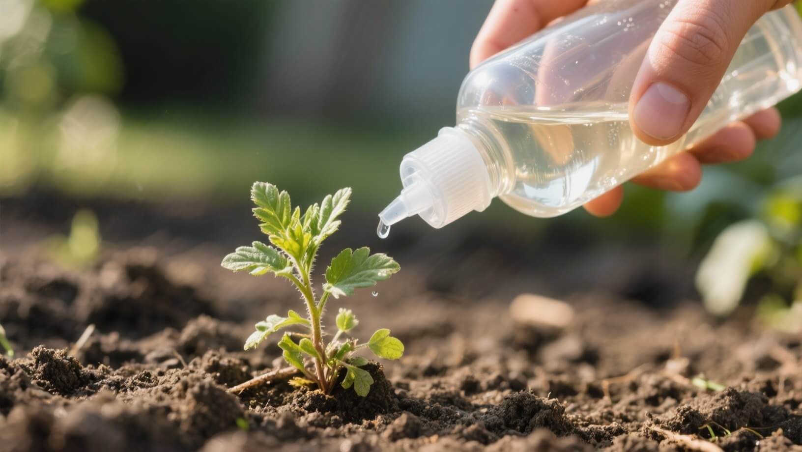 A hand carefully applying a liquid solution from a dropper bottle directly onto a small weed.