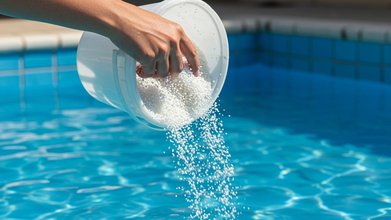 A pool owner pouring granular boric acid directly into the water for a hassle-free and pH-neutral application.