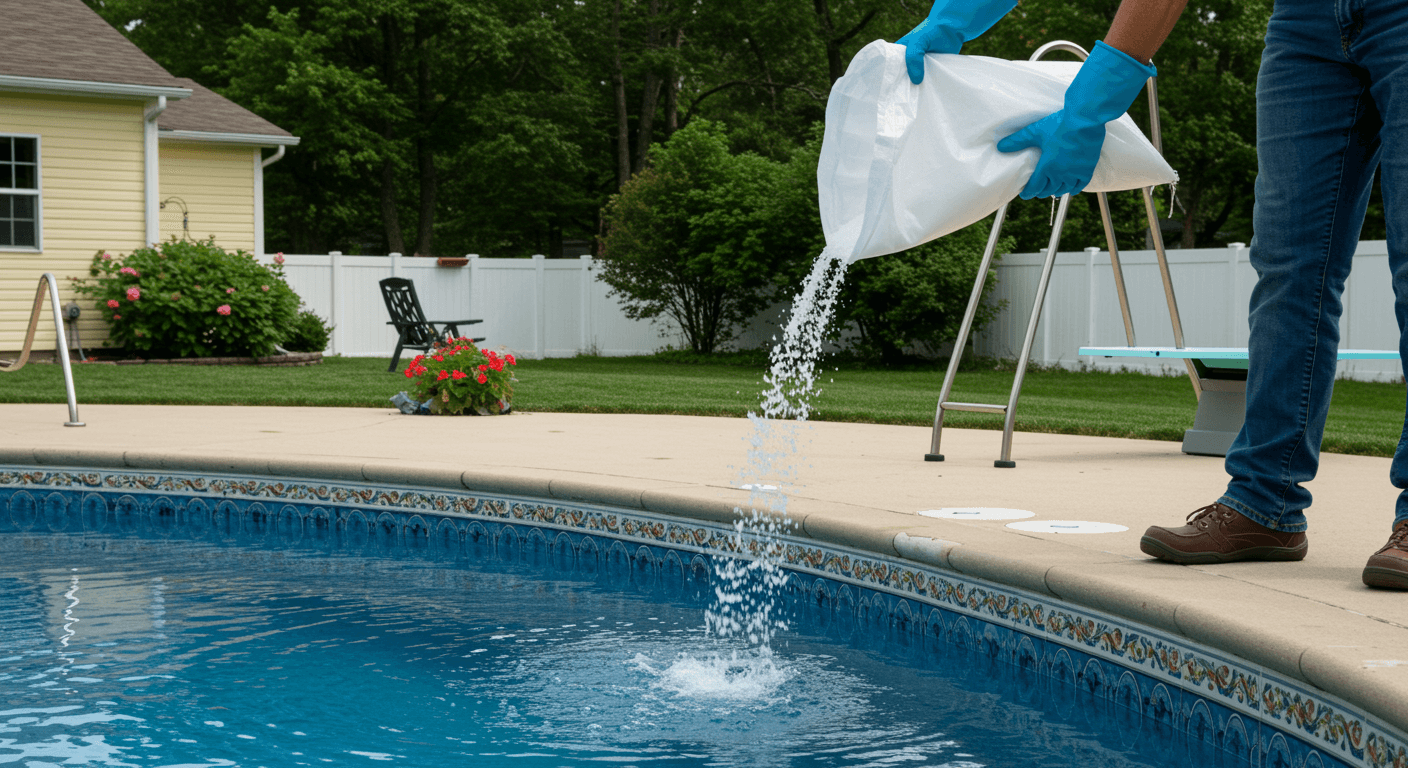 A pool owner broadcasting granular shock into the water to kill an active algae bloom.