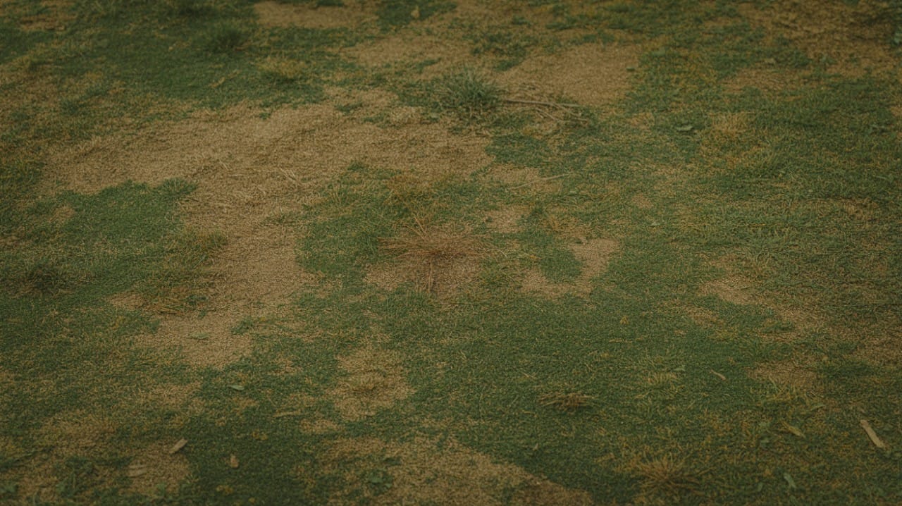 Brown patchy lawn showing drought stress and uneven watering