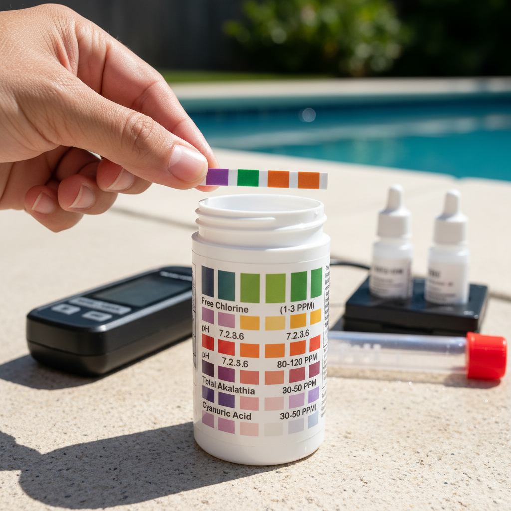 A pool owner checking a test strip against a color chart to measure pH, alkalinity, and calcium hardness for the LSI formula.