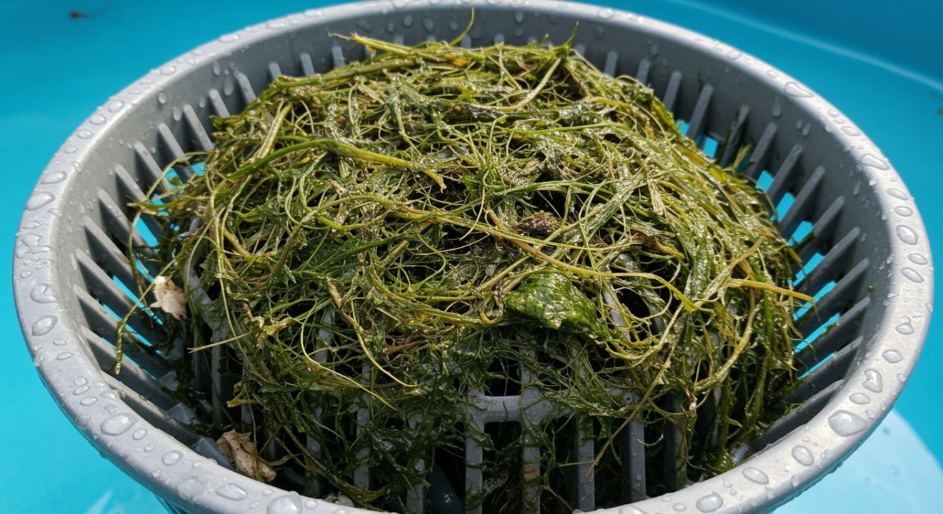 a pool pump basket that is heavily clogged with wet leaves and debris