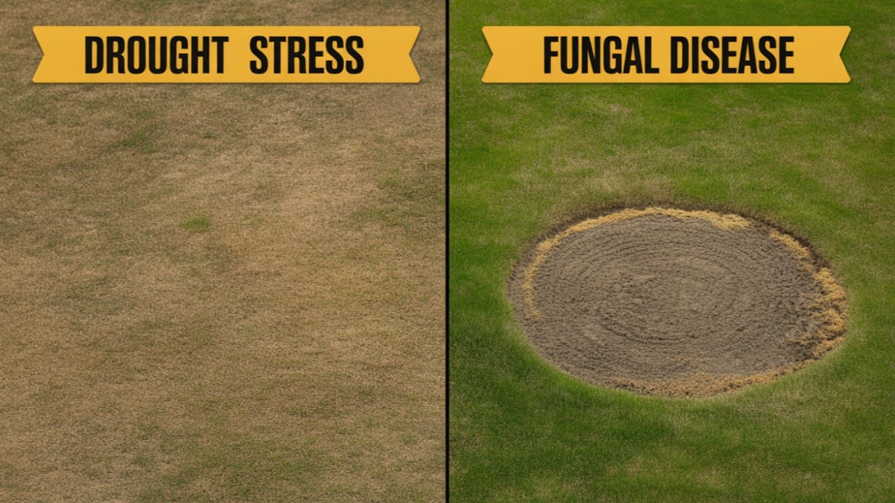 Side-by-side comparison showing drought stress with large brown areas versus fungal disease with circular dead patches and rings on lawn grass.