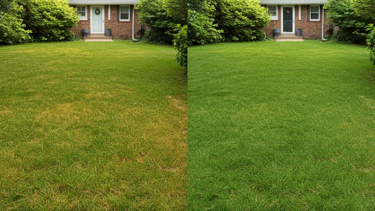 A split-screen comparison showing a patchy yellow lawn before treatment versus a lush green yard after repairing dry patches.