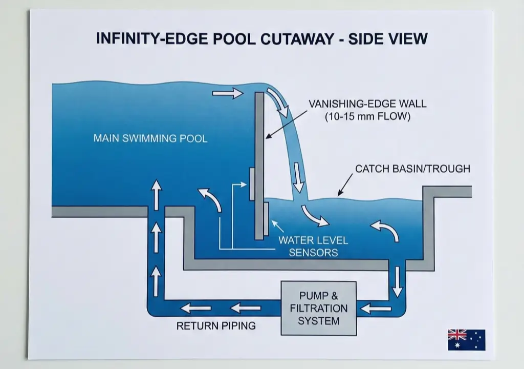Cross-section diagram explaining how the infinity edge water circulation system works.