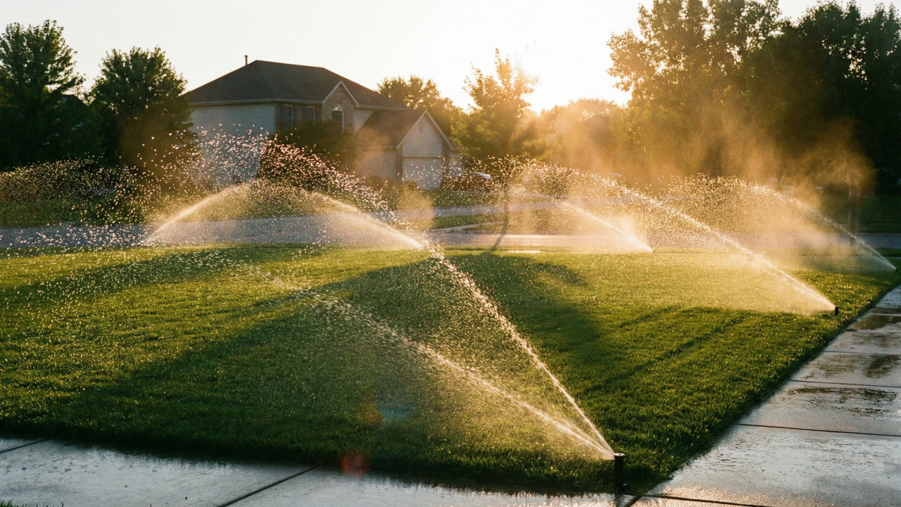 A residential sprinkler system watering a green lawn to replace water lost to evapotranspiration.