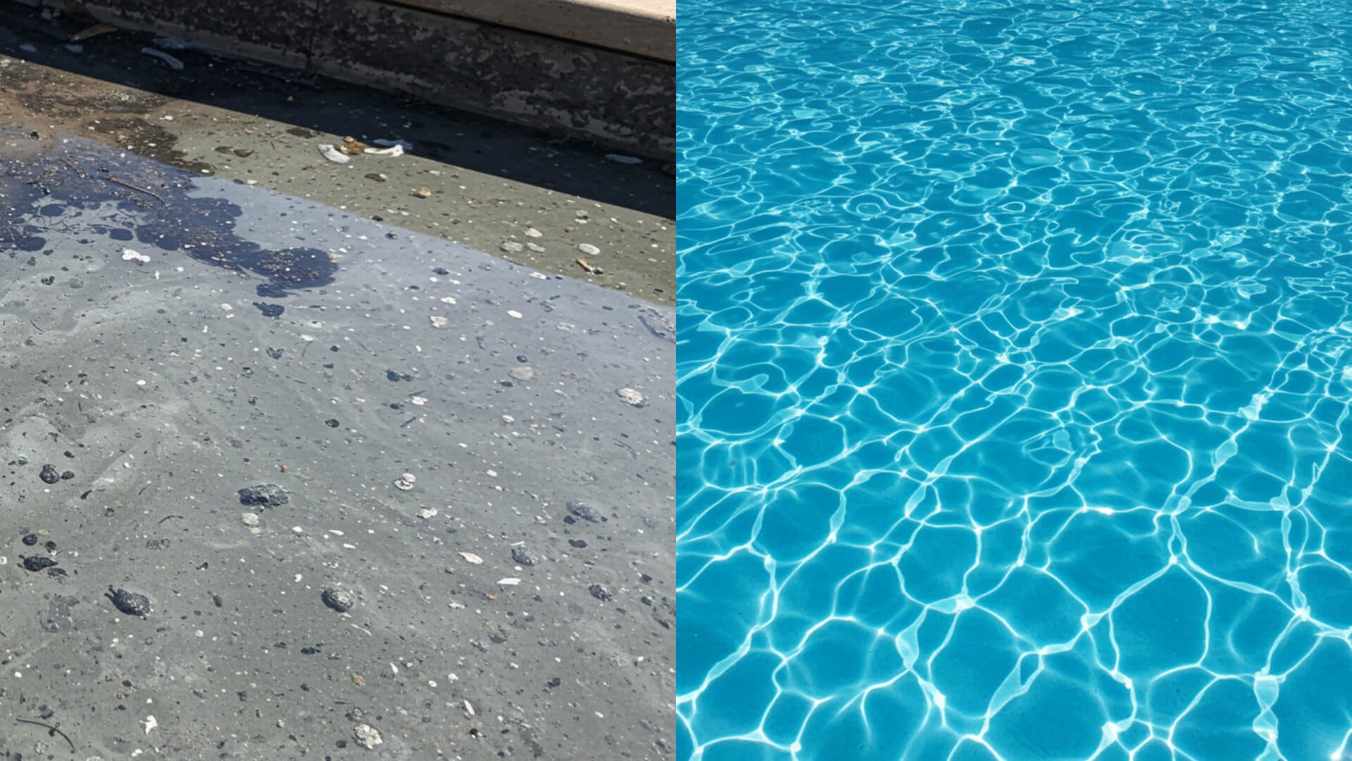 The pool on the left was unprotected during the bushfire; the one on the right was protected and cleaned.