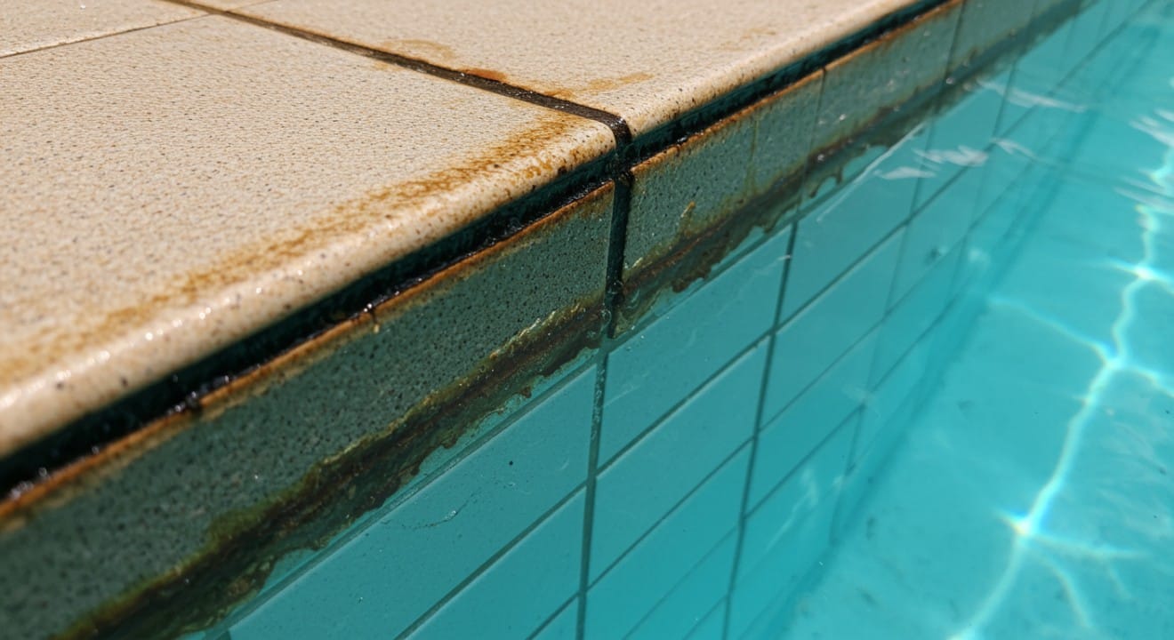 Dark greasy scum line and oily sheen around pool waterline